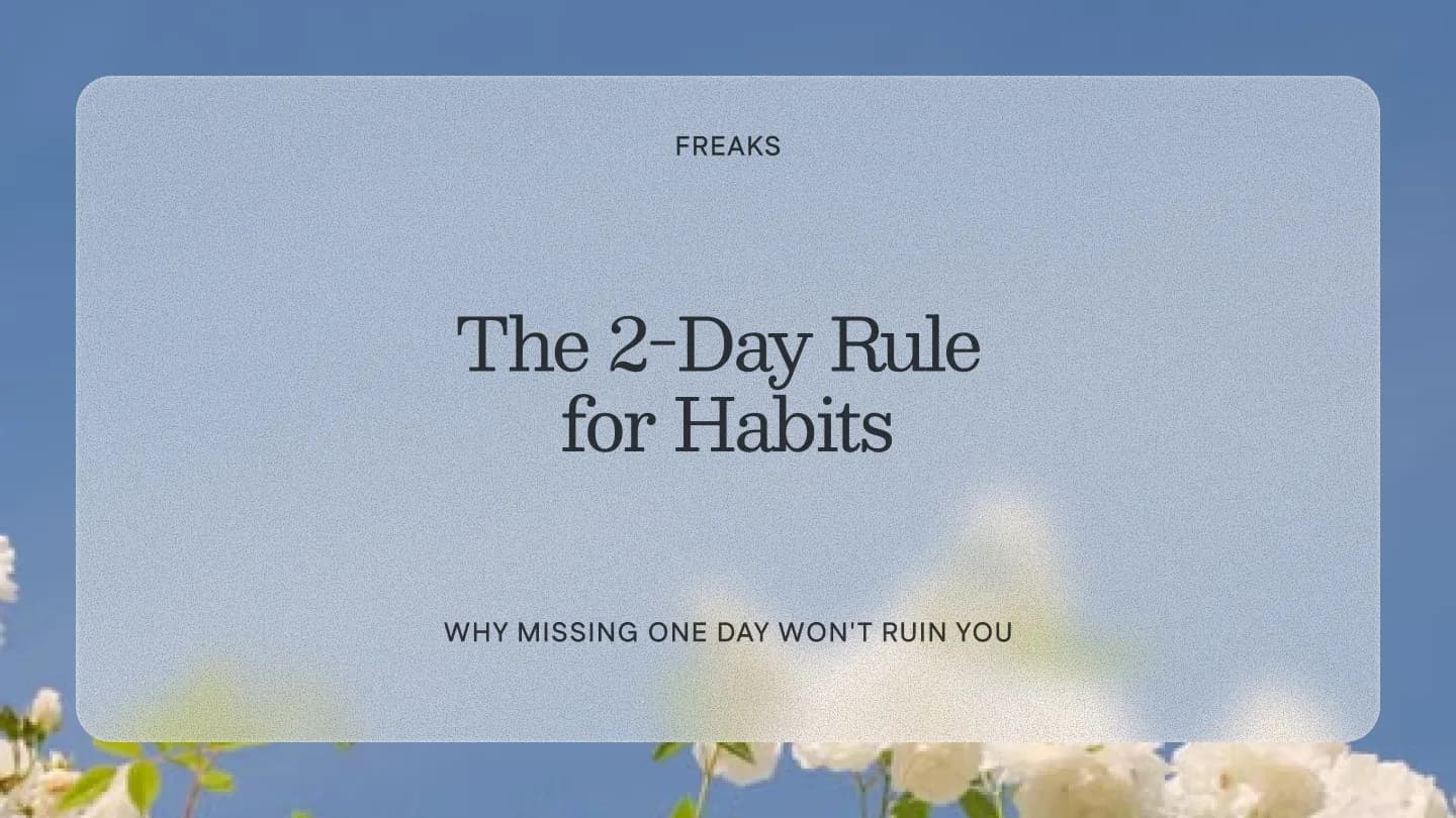 Freaks article title card reading 'The 2-Day Rule for Habits', with the subtitle 'Why missing one day won't ruin you', over a blue sky with white roses