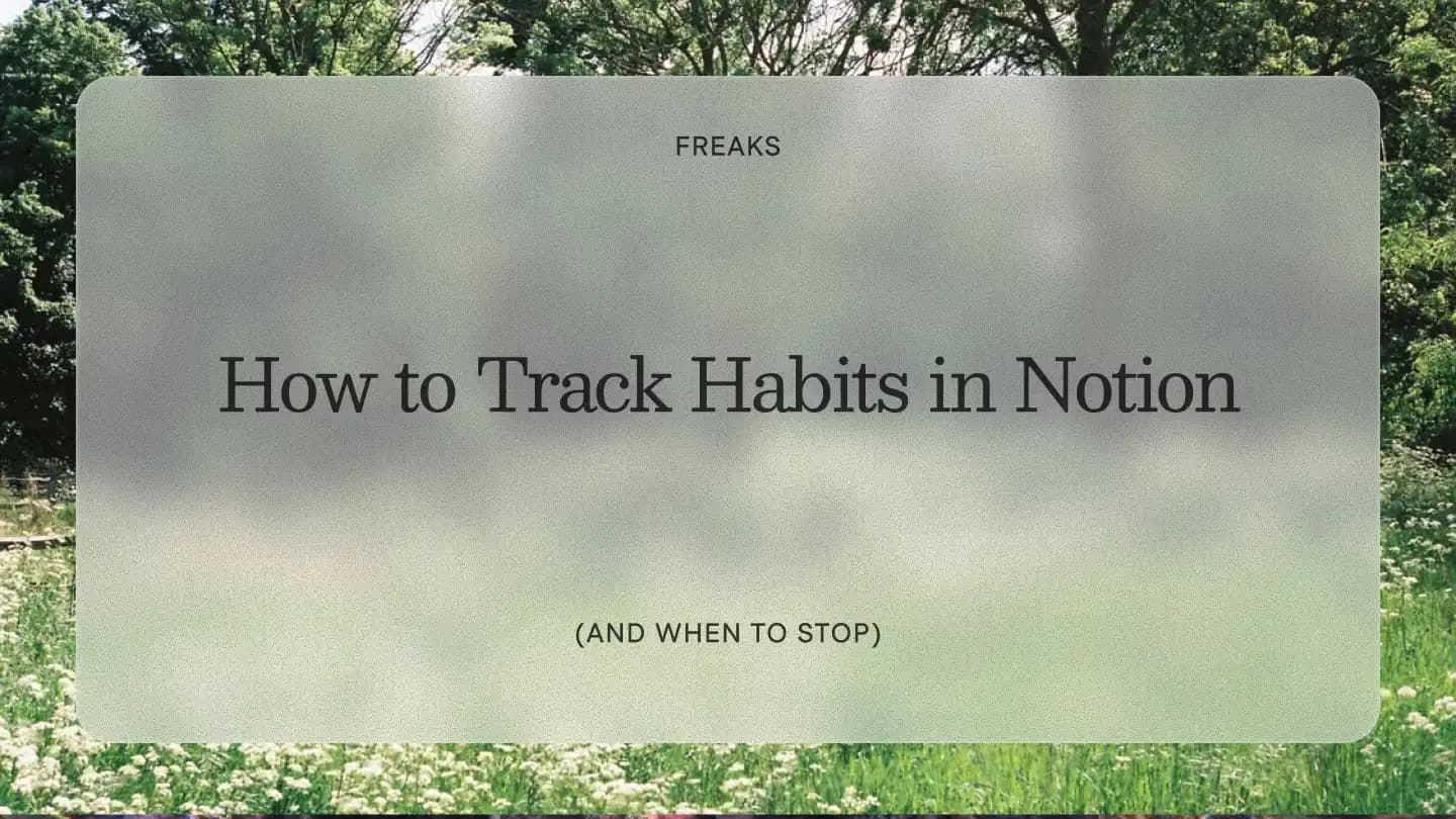 Freaks article title card reading 'How to Track Habits in Notion', with the subtitle 'And when to stop', over a green summer meadow with wildflowers