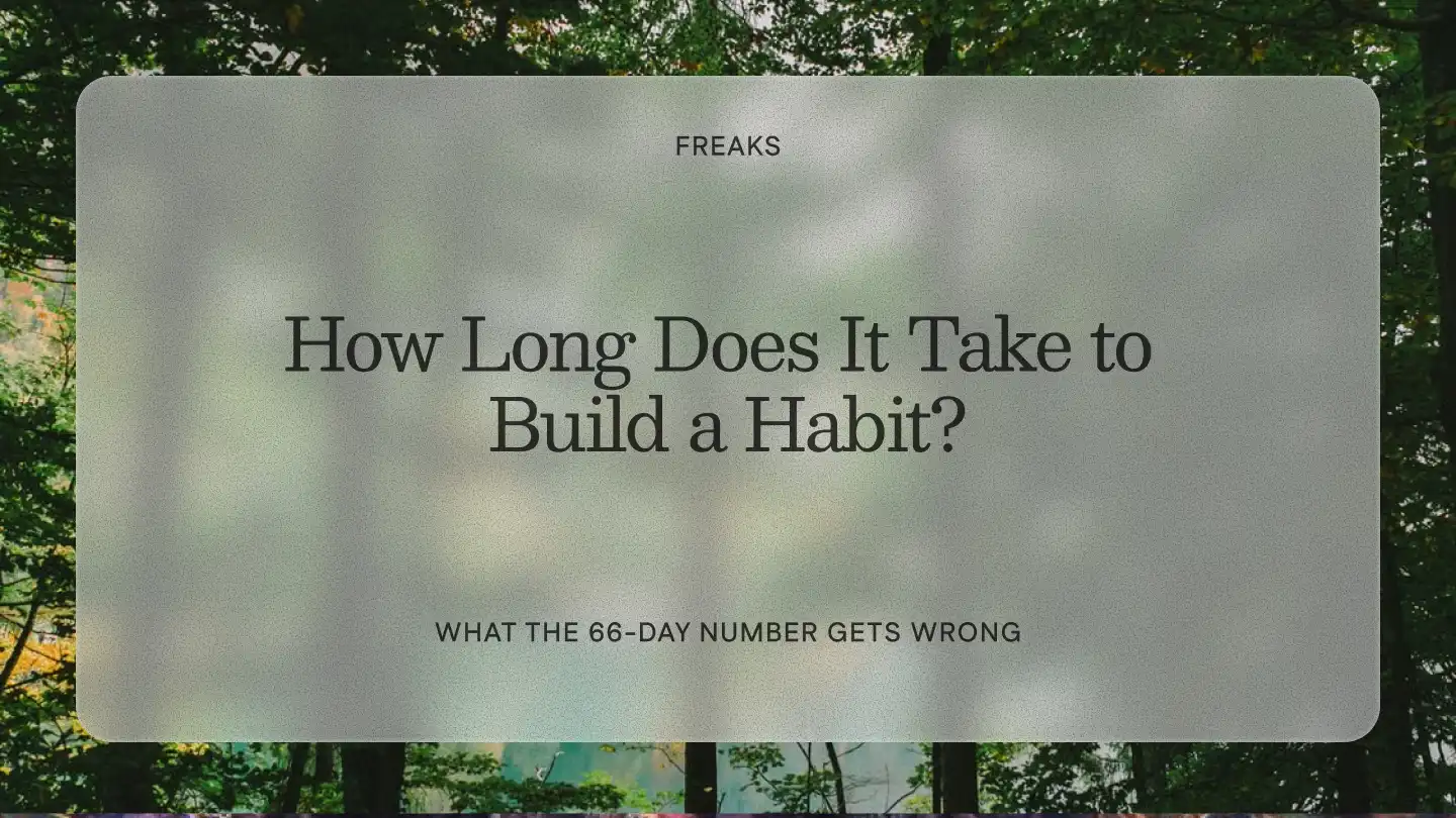 Freaks article title card reading 'How Long Does It Take to Build a Habit?', with the subtitle 'What the 66-day number gets wrong', over a green forest canopy